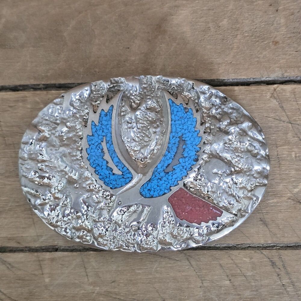 VTG SSI FLYING EAGLE Belt Buckle Silver Turquoise Coral Western NATIVE